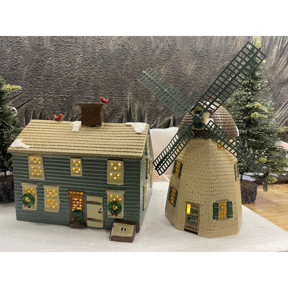 Dept 56 Snow Village HOME SWEET HOME House and Windmill 5126-8 Ceramic Set